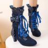imageSHEMEE Womens Cute Rockabilly Lolita Boots Lace Up Kitten Heels Ankle Boots Faux Suede Kawaii Cosplay Bow Short BootsNavy Blue