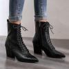 imageSHEMEE Womens Pointed Toe Chunky High Heels Booties Lace Up Block Heel Ankle Boots with Side ZipperBlack
