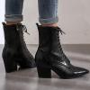 imageSHEMEE Womens Pointed Toe Chunky High Heels Booties Lace Up Block Heel Ankle Boots with Side ZipperBlack