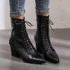imageSHEMEE Womens Pointed Toe Chunky High Heels Booties Lace Up Block Heel Ankle Boots with Side ZipperBlack