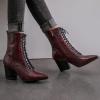 imageSHEMEE Womens Pointed Toe Chunky High Heels Booties Lace Up Block Heel Ankle Boots with Side ZipperBurgundy