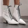imageSHEMEE Womens Pointed Toe Chunky High Heels Booties Lace Up Block Heel Ankle Boots with Side ZipperWhite