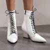 imageSHEMEE Womens Pointed Toe Chunky High Heels Booties Lace Up Block Heel Ankle Boots with Side ZipperWhite
