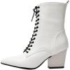 imageSHEMEE Womens Pointed Toe Chunky High Heels Booties Lace Up Block Heel Ankle Boots with Side ZipperWhite