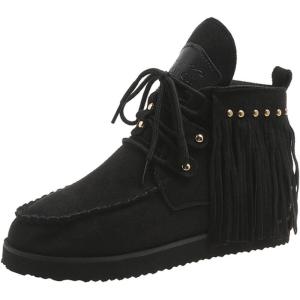 imageSHEMEE Fringe Ankle Booties for Women Studded Lace Up Flat Boots Faux Suede Round Toe Lightweight Western Outdoor Travel Short BootsBlack