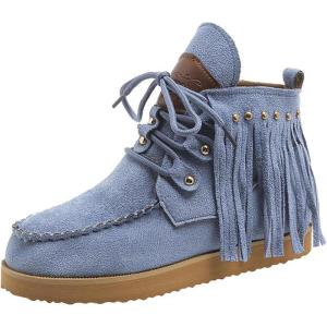 imageSHEMEE Fringe Ankle Booties for Women Studded Lace Up Flat Boots Faux Suede Round Toe Lightweight Western Outdoor Travel Short BootsBlue