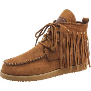 imageSHEMEE Fringe Ankle Booties for Women Studded Lace Up Flat Boots Faux Suede Round Toe Lightweight Western Outdoor Travel Short BootsBrown