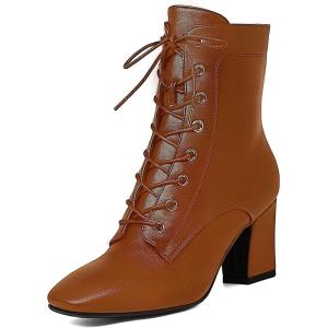 imageSHEMEE Womens Block Heels Ankle Booties Square Toe Chunky Heel Side Zipper Short BootsBrown