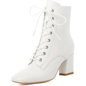 imageSHEMEE Womens Block Heels Ankle Booties Square Toe Chunky Heel Side Zipper Short BootsWhite