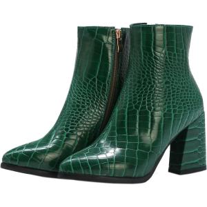 imageSHEMEE Womens Chunky High Heel Ankle Booties Block Heeled Pointed Toe Side Zipper Short Boots ShoesGreen