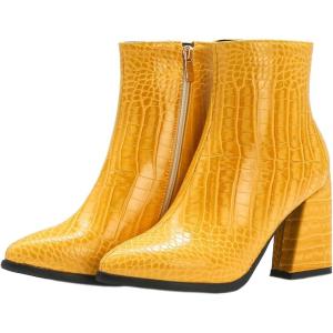imageSHEMEE Womens Chunky High Heel Ankle Booties Block Heeled Pointed Toe Side Zipper Short Boots ShoesYellow
