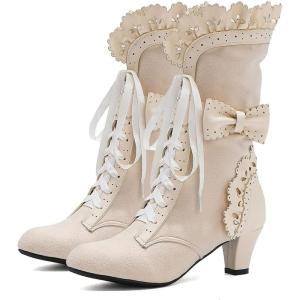 imageSHEMEE Womens Cute Rockabilly Lolita Boots Lace Up Kitten Heels Ankle Boots Faux Suede Kawaii Cosplay Bow Short BootsBeige