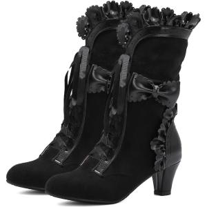 imageSHEMEE Womens Cute Rockabilly Lolita Boots Lace Up Kitten Heels Ankle Boots Faux Suede Kawaii Cosplay Bow Short BootsBlack
