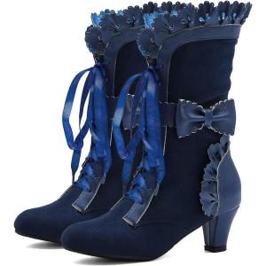 imageSHEMEE Womens Cute Rockabilly Lolita Boots Lace Up Kitten Heels Ankle Boots Faux Suede Kawaii Cosplay Bow Short BootsNavy Blue