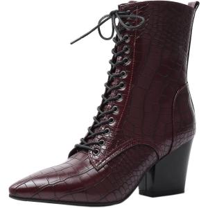 imageSHEMEE Womens Pointed Toe Chunky High Heels Booties Lace Up Block Heel Ankle Boots with Side ZipperBurgundy