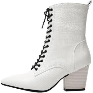 imageSHEMEE Womens Pointed Toe Chunky High Heels Booties Lace Up Block Heel Ankle Boots with Side ZipperWhite