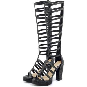 imageSHEMEE Womens Peep Toe Knee High Boots Chunky Block Heels Gladiator Roman Sandals Platform Gothic Summer Boots Back Zipper Punk Cosplay ShoesBlack