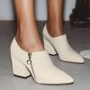 imageSHEMEE Womens Chunky Block Heel Ankle Booties Satin Pointed Toe High Heeled Pumps Shoes Side Zipper Short BootsBeige