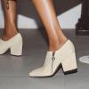 imageSHEMEE Womens Chunky Block Heel Ankle Booties Satin Pointed Toe High Heeled Pumps Shoes Side Zipper Short BootsBeige