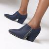 imageSHEMEE Womens Chunky Block Heel Ankle Booties Satin Pointed Toe High Heeled Pumps Shoes Side Zipper Short BootsBlue