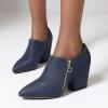 imageSHEMEE Womens Chunky Block Heel Ankle Booties Satin Pointed Toe High Heeled Pumps Shoes Side Zipper Short BootsBlue