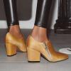 imageSHEMEE Womens Chunky Block Heel Ankle Booties Satin Pointed Toe High Heeled Pumps Shoes Side Zipper Short BootsYellow