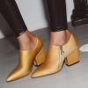 imageSHEMEE Womens Chunky Block Heel Ankle Booties Satin Pointed Toe High Heeled Pumps Shoes Side Zipper Short BootsYellow
