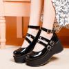 imageSHEMEE Womens Gothic Lolita Mary Jane Shoes Wedge Platform High Heel Patent Leather Buckle Ankle Strap Cosplay PumpsBlack
