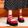 imageSHEMEE Womens Gothic Lolita Mary Jane Shoes Wedge Platform High Heel Patent Leather Buckle Ankle Strap Cosplay PumpsRed