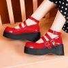 imageSHEMEE Womens Gothic Lolita Mary Jane Shoes Wedge Platform High Heel Patent Leather Buckle Ankle Strap Cosplay PumpsRed