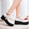 imageSHEMEE Womens Gothic Lolita Mary Jane Shoes Wedge Platform High Heel Patent Leather Buckle Ankle Strap Cosplay PumpsWhite