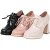 imageSHEMEE Womens Lace Up Patent Leather Chunky Platform Pumps Round Toe Block High Heels Dress ShoesBeige