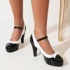 imageSHEMEE Womens Patent Leather Chunky High Heel Platform Mary Jane Pumps Ankle Strap Buckle Round Toe Cute Bow Kawaii Cosplay ShoesBlack