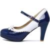 imageSHEMEE Womens Patent Leather Chunky High Heel Platform Mary Jane Pumps Ankle Strap Buckle Round Toe Cute Bow Kawaii Cosplay ShoesNavy Blue