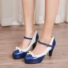 imageSHEMEE Womens Patent Leather Chunky High Heel Platform Mary Jane Pumps Ankle Strap Buckle Round Toe Cute Bow Kawaii Cosplay ShoesNavy Blue