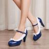imageSHEMEE Womens Patent Leather Chunky High Heel Platform Mary Jane Pumps Ankle Strap Buckle Round Toe Cute Bow Kawaii Cosplay ShoesNavy Blue