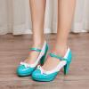 imageSHEMEE Womens Patent Leather Chunky High Heel Platform Mary Jane Pumps Ankle Strap Buckle Round Toe Cute Bow Kawaii Cosplay ShoesTeal