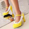 imageSHEMEE Womens Patent Leather Chunky High Heel Platform Mary Jane Pumps Ankle Strap Buckle Round Toe Cute Bow Kawaii Cosplay ShoesYellow