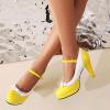 imageSHEMEE Womens Patent Leather Chunky High Heel Platform Mary Jane Pumps Ankle Strap Buckle Round Toe Cute Bow Kawaii Cosplay ShoesYellow