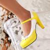 imageSHEMEE Womens Patent Leather Chunky High Heel Platform Mary Jane Pumps Ankle Strap Buckle Round Toe Cute Bow Kawaii Cosplay ShoesYellow
