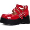 imageSHEMEE Womens Gothic Lolita Mary Jane Shoes Wedge Platform High Heel Patent Leather Buckle Ankle Strap Cosplay PumpsRed