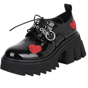 imageSHEMEE Womens Black Platform Chunky Gothic Shoes Punk Buckle Round Toe Block High Heels Lace Up PumpsBlack Patent