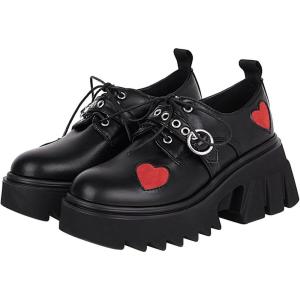 imageSHEMEE Womens Black Platform Chunky Gothic Shoes Punk Buckle Round Toe Block High Heels Lace Up PumpsBlack Pu