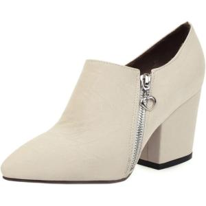 imageSHEMEE Womens Chunky Block Heel Ankle Booties Satin Pointed Toe High Heeled Pumps Shoes Side Zipper Short BootsBeige