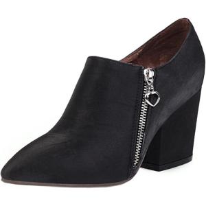 imageSHEMEE Womens Chunky Block Heel Ankle Booties Satin Pointed Toe High Heeled Pumps Shoes Side Zipper Short BootsBlack