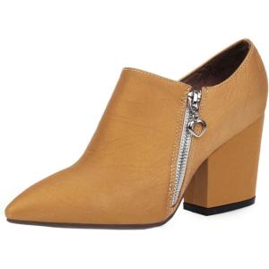 imageSHEMEE Womens Chunky Block Heel Ankle Booties Satin Pointed Toe High Heeled Pumps Shoes Side Zipper Short BootsYellow