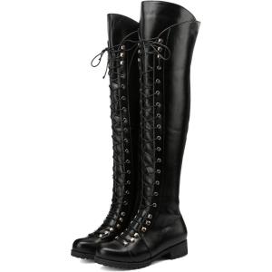 imageSHEMEE Womens Flat Combat Boots Over The Knee Lace Up Riding Motorcycle Boots Chunky Low Heel Thigh High Boots Tall Biker Shoes with Inside ZipperBlack