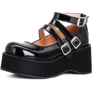 imageSHEMEE Womens Gothic Lolita Mary Jane Shoes Wedge Platform High Heel Patent Leather Buckle Ankle Strap Cosplay PumpsBlack