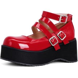 imageSHEMEE Womens Gothic Lolita Mary Jane Shoes Wedge Platform High Heel Patent Leather Buckle Ankle Strap Cosplay PumpsRed