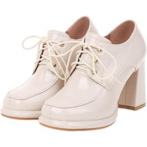 imageSHEMEE Womens Lace Up Patent Leather Chunky Platform Pumps Round Toe Block High Heels Dress ShoesBeige